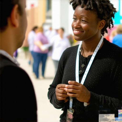 Arlington business owner participating in local community event, smiling, engaging with residents