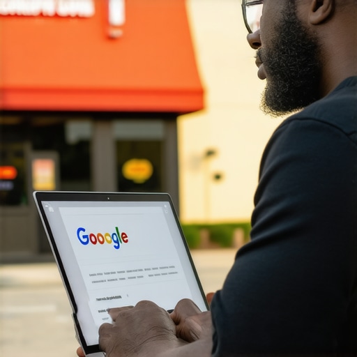 Business owner updating Google My Business profile on a laptop with Arlington storefront visible.
