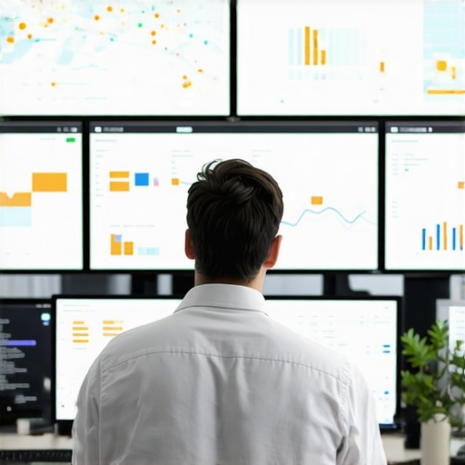Person reviewing SEO data on multiple screens showing maps and ranking charts.