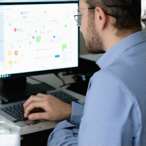 SEO specialist reviewing local map rankings on a computer screen.