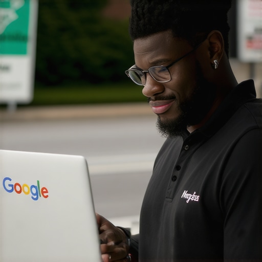 Business owner editing Google My Business profile on a laptop with Arlington city signage