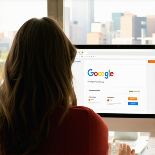 Person editing Google My Business profile on a laptop with Arlington cityscape behind.