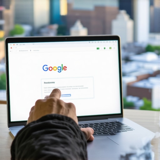 Person editing Google My Business profile on laptop with Arlington city view.