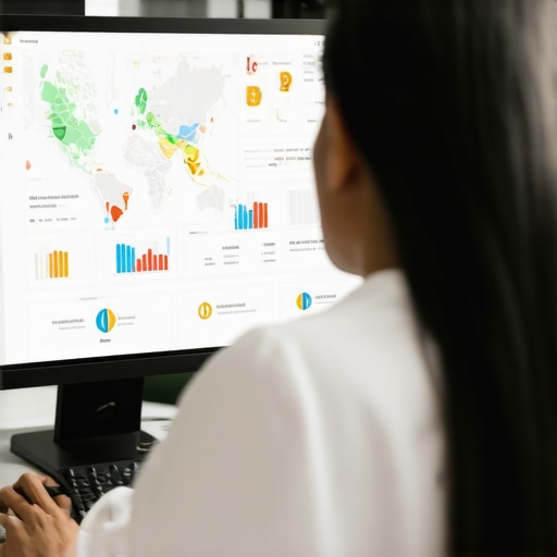 Person analyzing local SEO data on computer screens with maps and analytics tools