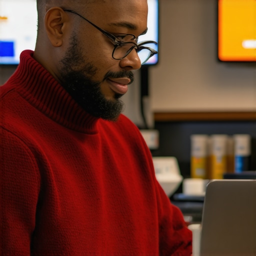 Arlington shop owner reviewing Google My Business listing on laptop