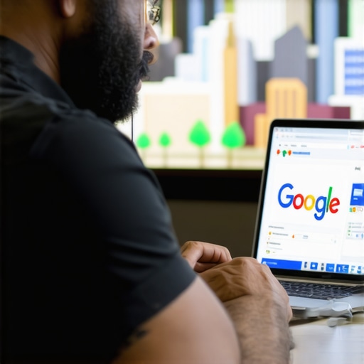 Business owner updating Google My Business profile with Arlington landmarks in the background.