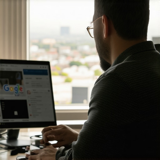 Business owner updating Google My Business profile on laptop with Arlington skyline