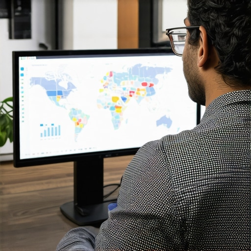Digital marketer reviewing local SEO performance on computer screen.