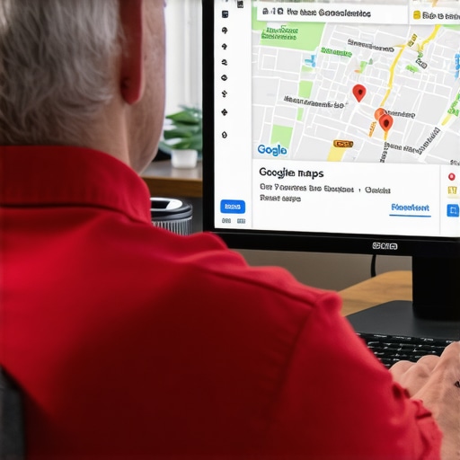 Business owner reviewing Google Maps profile on laptop with Arlington cityscape in background