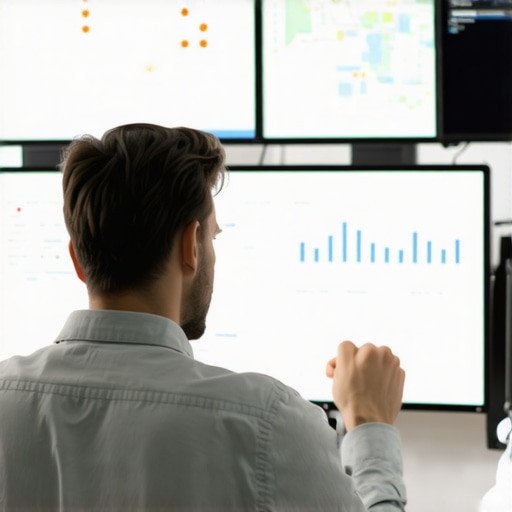 Business owner evaluating local search and ranking data on multiple monitors