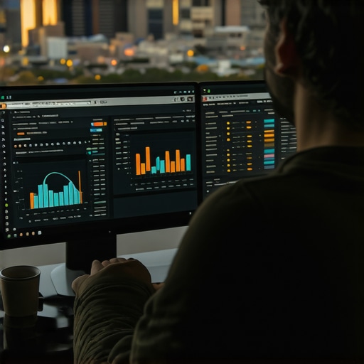 Marketing professional analyzing local SEO metrics on a computer with Arlington view.