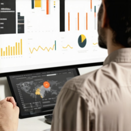 Digital marketer reviewing SEO analytics on a computer screen with maps and graphs.